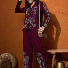 Wine Floral Embroidered Shirt With Trouser  Co-Ords Set