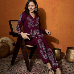 Wine Floral Embroidered Shirt With Trouser  Co-Ords Set
