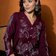 Wine Floral Embroidered Shirt With Trouser  Co-Ords Set