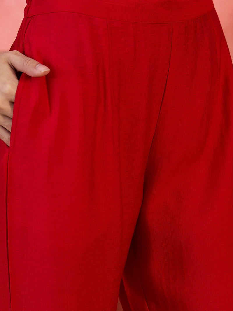 Red Embroidered Kurta Set with Pants and Dupatta