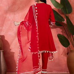 Red Embroidered Kurta Set with Pants and Dupatta