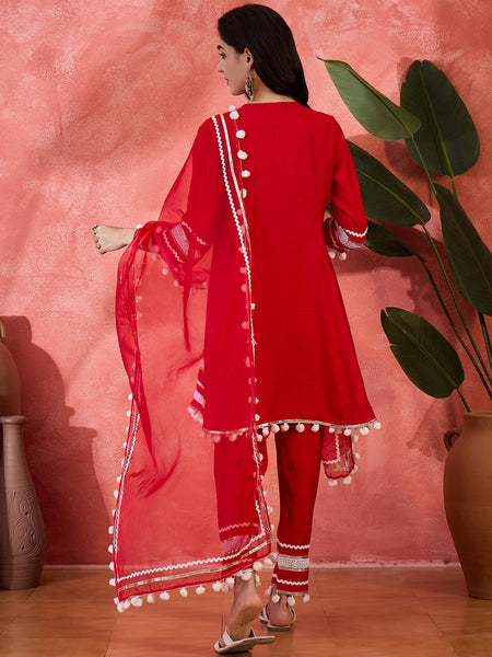 Red Embroidered Kurta Set with Pants and Dupatta