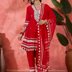 Red Embroidered Kurta Set with Pants and Dupatta