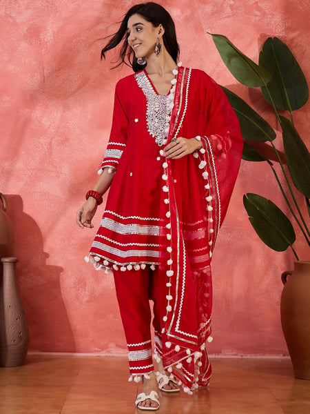 Red Embroidered Kurta Set with Pants and Dupatta