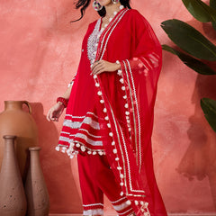 Red Embroidered Kurta Set with Pants and Dupatta