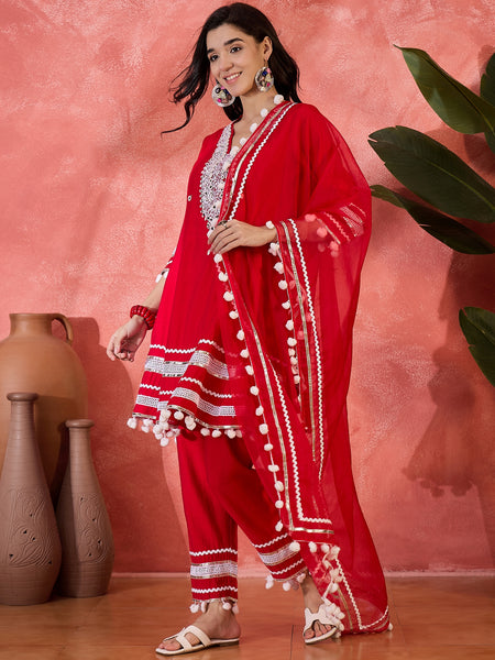 Red Embroidered Kurta Set with Pants and Dupatta
