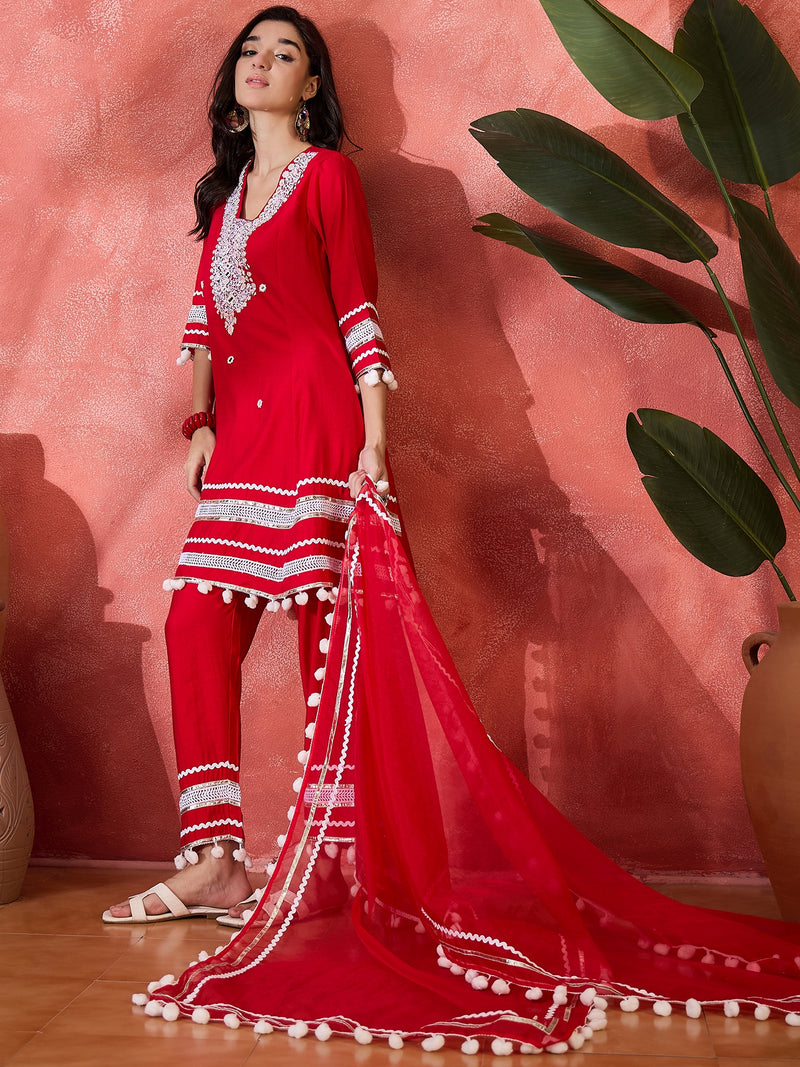 Red Embroidered Kurta Set with Pants and Dupatta