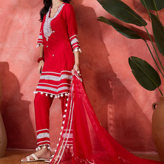 Red Embroidered Kurta Set with Pants and Dupatta