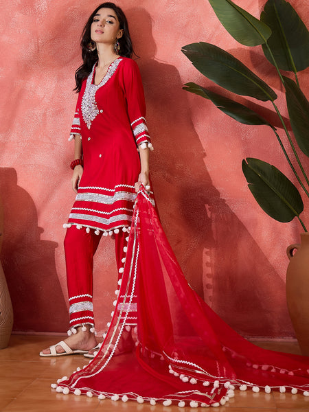Red Embroidered Kurta Set with Pants and Dupatta