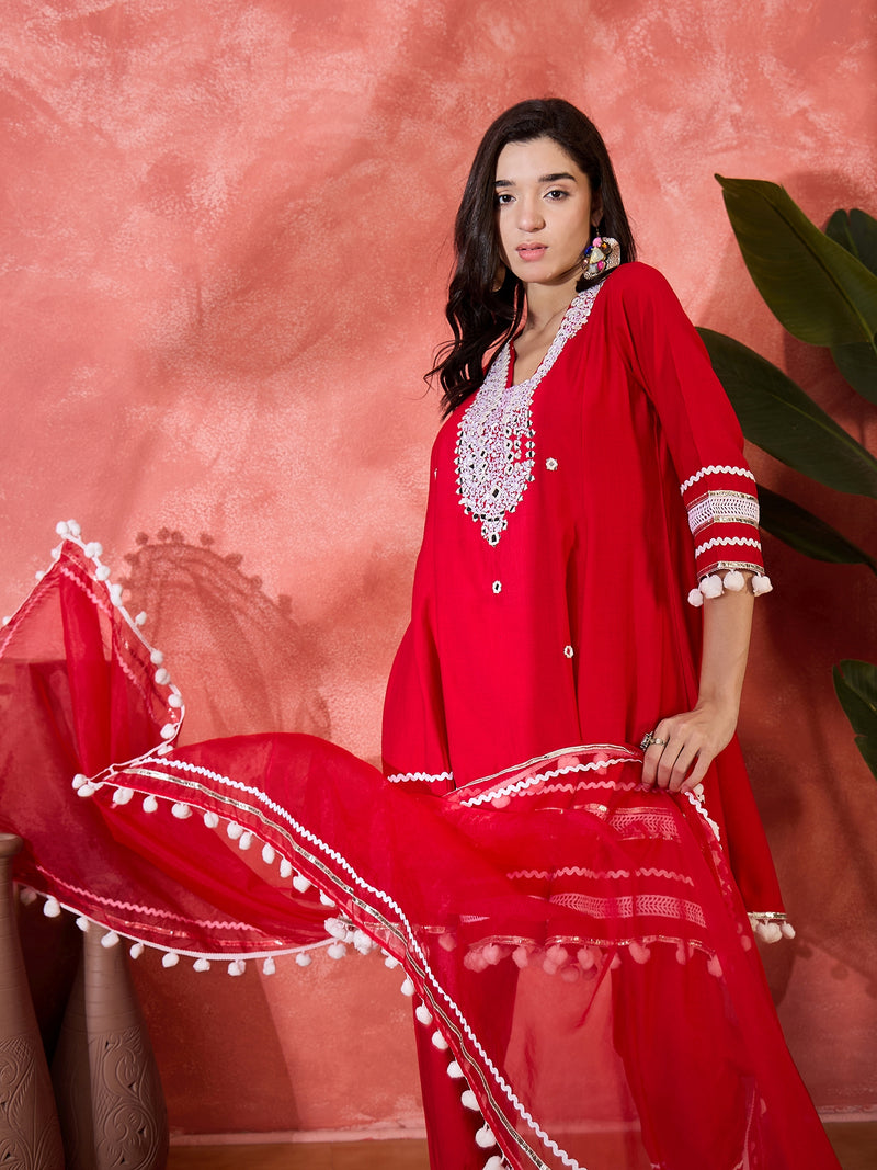 Red Embroidered Kurta Set with Pants and Dupatta