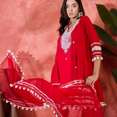 Red Embroidered Kurta Set with Pants and Dupatta