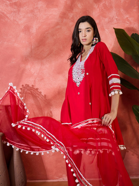 Red Embroidered Kurta Set with Pants and Dupatta