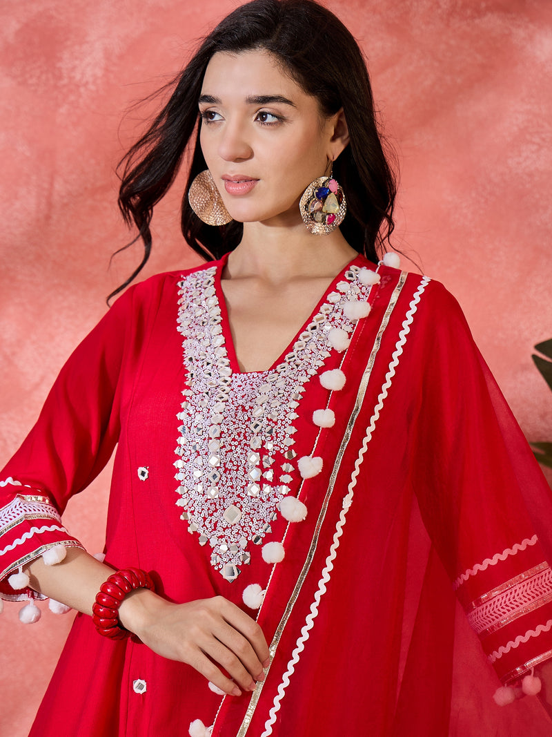 Red Embroidered Kurta Set with Pants and Dupatta