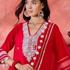 Red Embroidered Kurta Set with Pants and Dupatta