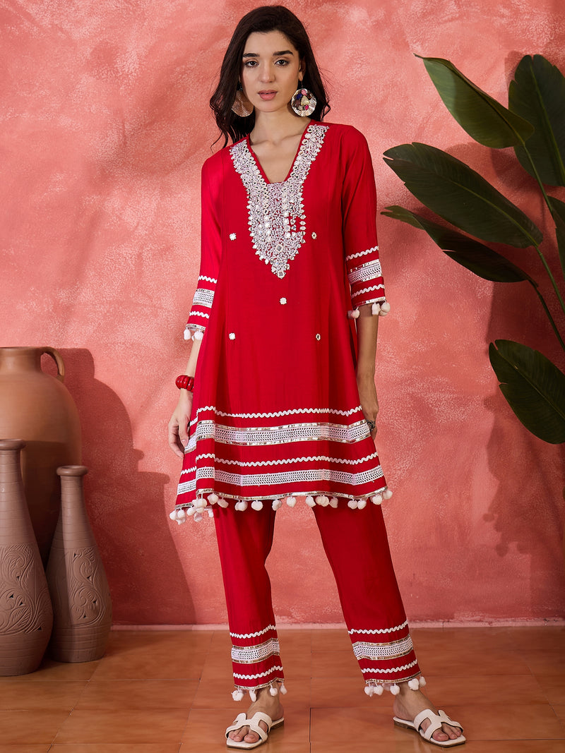 Red Embroidered Kurta Set with Pants and Dupatta