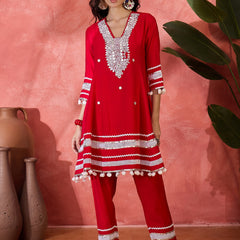 Red Embroidered Kurta Set with Pants and Dupatta