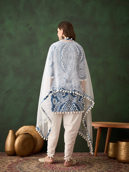 Ethnic Motifs Printed & Mirror Work Pure Cotton Kurta With Dhoti Pant & Dupatta Kurta Set