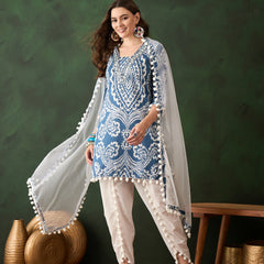 Ethnic Motifs Printed & Mirror Work Pure Cotton Kurta With Dhoti Pant & Dupatta Kurta Set