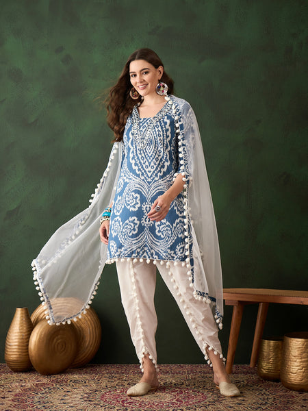 Ethnic Motifs Printed & Mirror Work Pure Cotton Kurta With Dhoti Pant & Dupatta Kurta Set