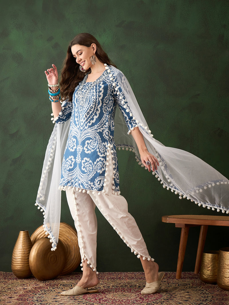 Ethnic Motifs Printed & Mirror Work Pure Cotton Kurta With Dhoti Pant & Dupatta Kurta Set