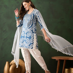 Ethnic Motifs Printed & Mirror Work Pure Cotton Kurta With Dhoti Pant & Dupatta Kurta Set