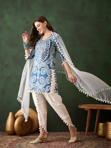 Ethnic Motifs Printed & Mirror Work Pure Cotton Kurta With Dhoti Pant & Dupatta Kurta Set