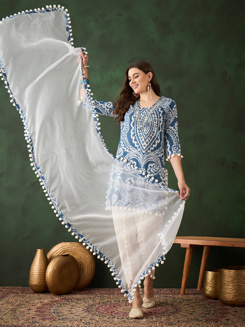 Ethnic Motifs Printed & Mirror Work Pure Cotton Kurta With Dhoti Pant & Dupatta Kurta Set