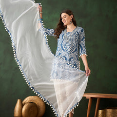 Ethnic Motifs Printed & Mirror Work Pure Cotton Kurta With Dhoti Pant & Dupatta Kurta Set