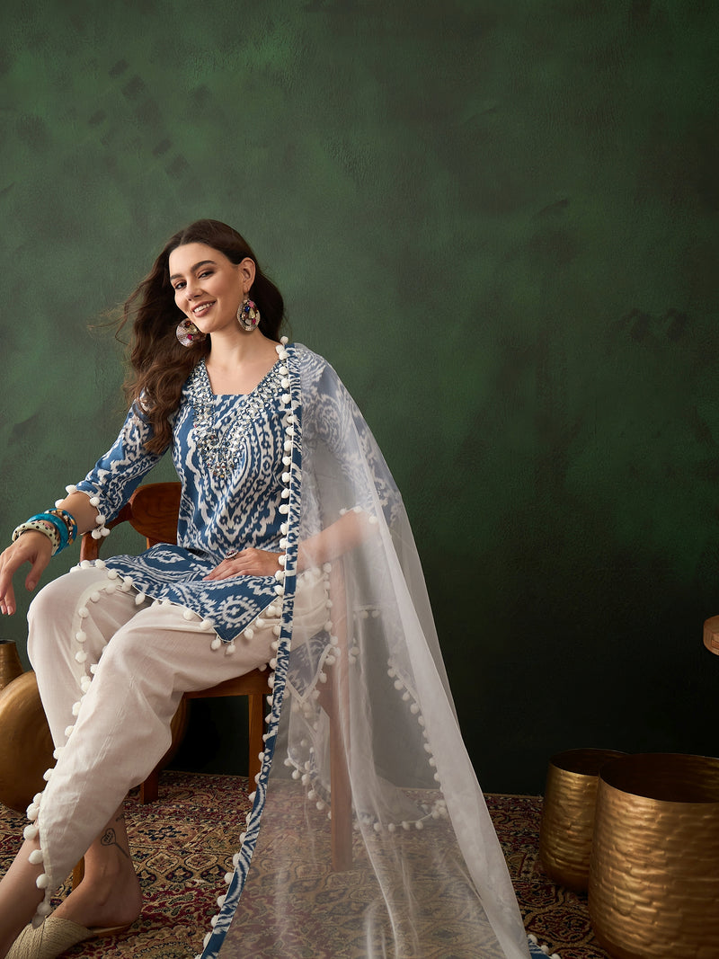 Ethnic Motifs Printed & Mirror Work Pure Cotton Kurta With Dhoti Pant & Dupatta Kurta Set