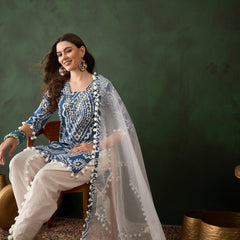 Ethnic Motifs Printed & Mirror Work Pure Cotton Kurta With Dhoti Pant & Dupatta Kurta Set