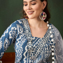 Ethnic Motifs Printed & Mirror Work Pure Cotton Kurta With Dhoti Pant & Dupatta Kurta Set