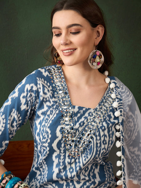 Ethnic Motifs Printed & Mirror Work Pure Cotton Kurta With Dhoti Pant & Dupatta Kurta Set