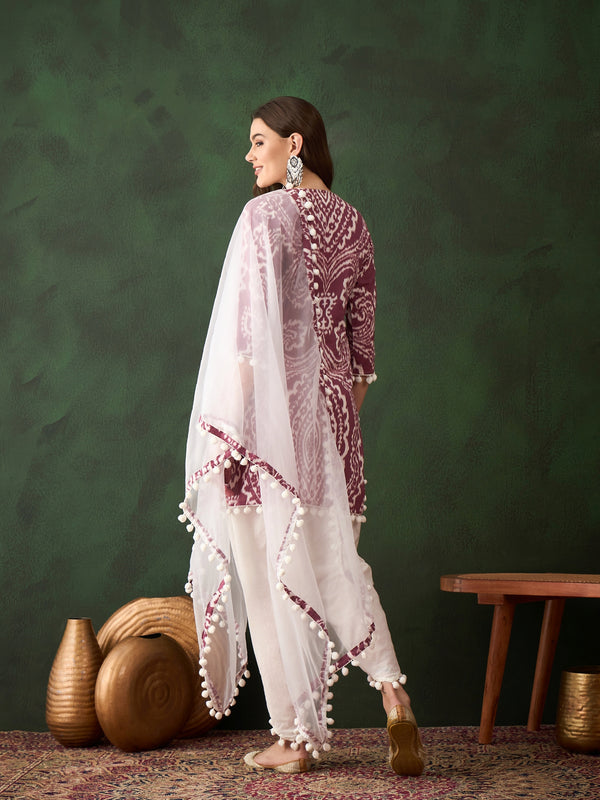 Ethnic Motifs Printed & Mirror Work Pure Cotton Kurta With Dhoti Pant & Dupatta Kurta Set