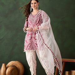 Ethnic Motifs Printed & Mirror Work Pure Cotton Kurta With Dhoti Pant & Dupatta Kurta Set