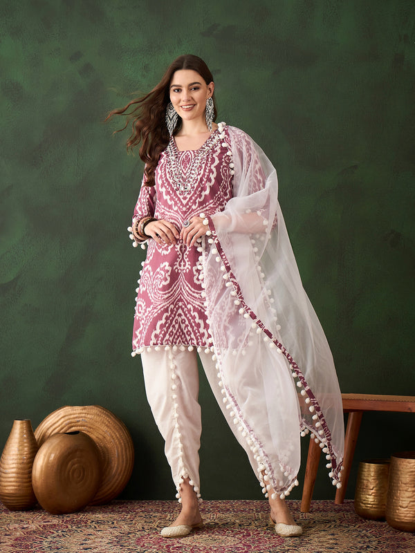 Ethnic Motifs Printed & Mirror Work Pure Cotton Kurta With Dhoti Pant & Dupatta Kurta Set