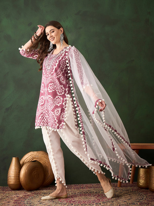 Ethnic Motifs Printed & Mirror Work Pure Cotton Kurta With Dhoti Pant & Dupatta Kurta Set