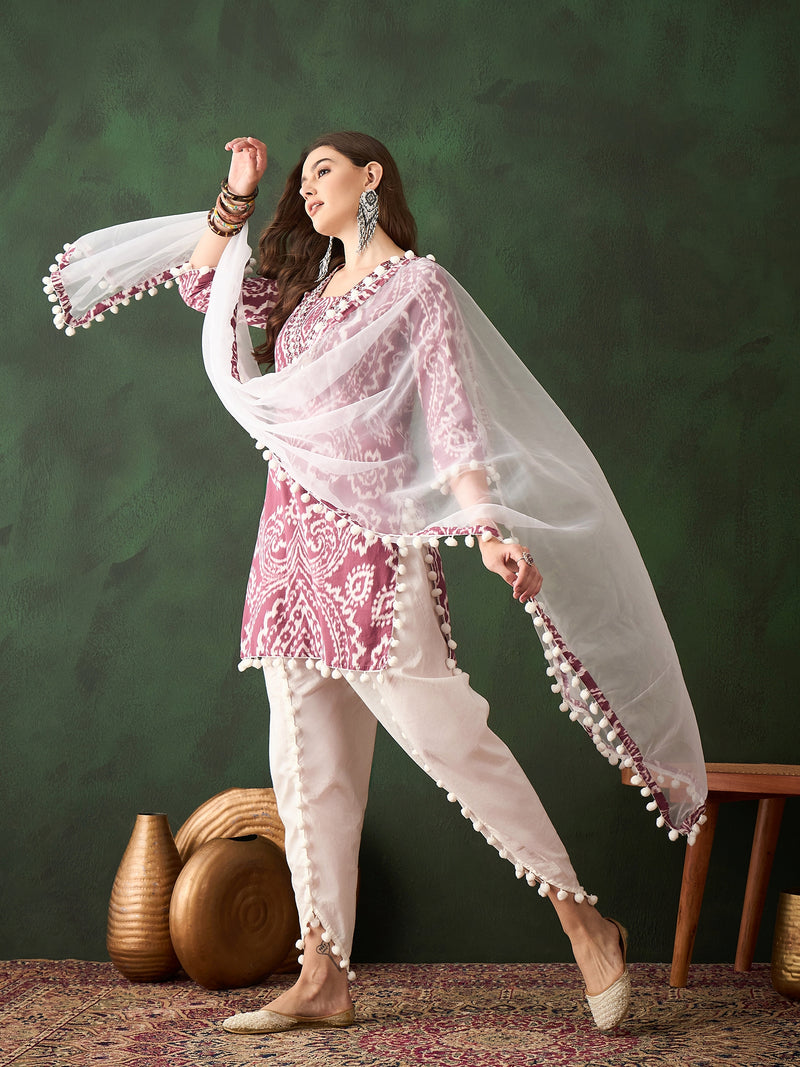 Ethnic Motifs Printed & Mirror Work Pure Cotton Kurta With Dhoti Pant & Dupatta Kurta Set