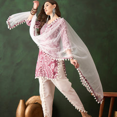 Ethnic Motifs Printed & Mirror Work Pure Cotton Kurta With Dhoti Pant & Dupatta Kurta Set