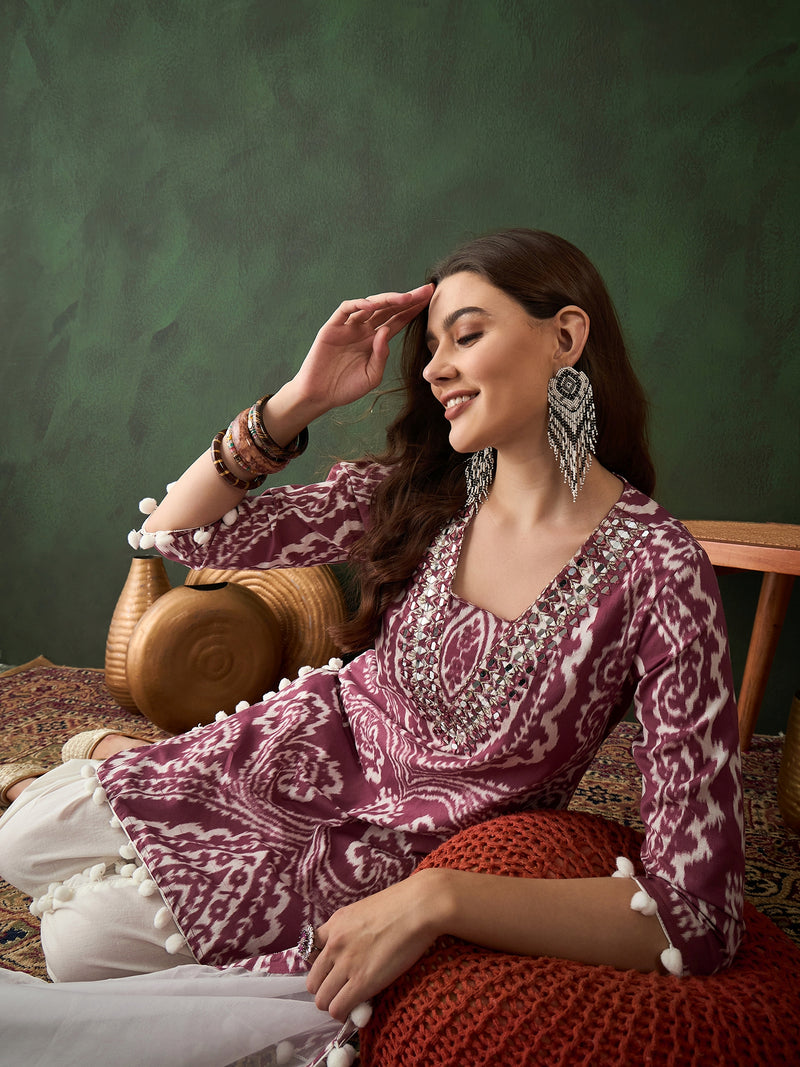 Ethnic Motifs Printed & Mirror Work Pure Cotton Kurta With Dhoti Pant & Dupatta Kurta Set