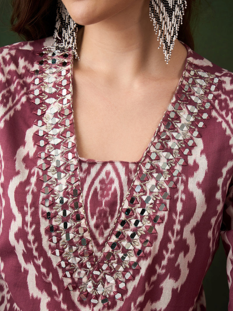 Ethnic Motifs Printed & Mirror Work Pure Cotton Kurta With Dhoti Pant & Dupatta Kurta Set