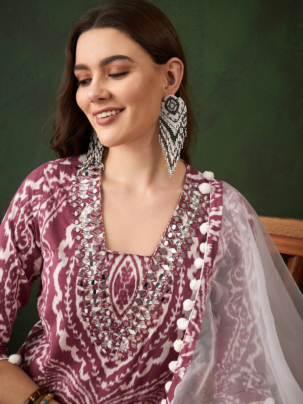 Ethnic Motifs Printed & Mirror Work Pure Cotton Kurta With Dhoti Pant & Dupatta Kurta Set