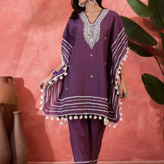 Floral Embroidered Straight Kaftan With Trouser Kurta Set