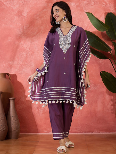 Floral Embroidered Straight Kaftan With Trouser Kurta Set