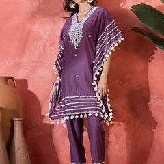 Floral Embroidered Straight Kaftan With Trouser Kurta Set