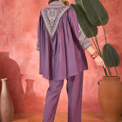 Floral Embellished Shirt Collar Tunic With Trouser Co-Ords Set