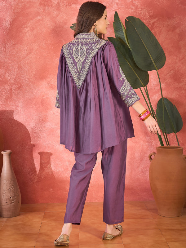 Wine Floral Embellished Shirt Collar Tunic With Trouser Co-Ords Set