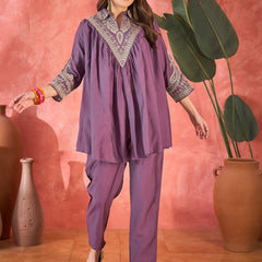 Floral Embellished Shirt Collar Tunic With Trouser Co-Ords Set