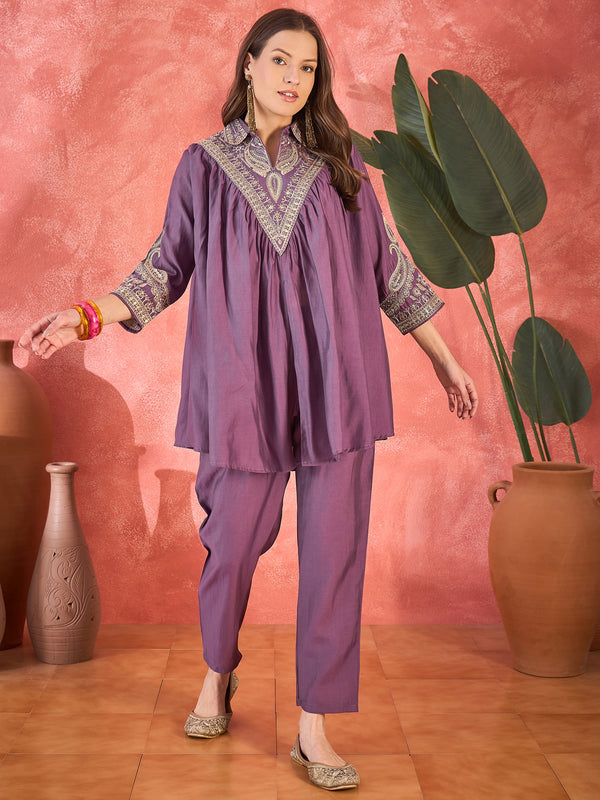 Mauve Floral Embellished Shirt Collar Tunic With Trouser Co-Ords Set