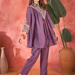 Floral Embellished Shirt Collar Tunic With Trouser Co-Ords Set