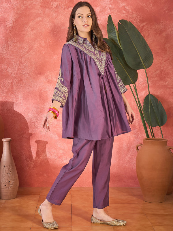 Wine Floral Embellished Shirt Collar Tunic With Trouser Co-Ords Set